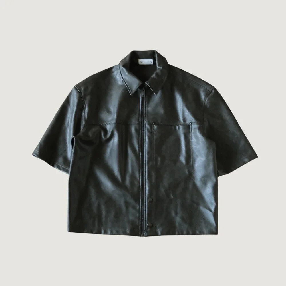 Zara Faux Leather Short Sleeve Jacket Dark Green Zip Up Chest Pocket M Street - Picture 1 of 8